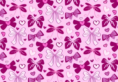 Güzel, pürüzsüz desenli, fiyonklu, pembe ve mor renkli kalpler. Paket kağıdının basılabilir tasarımı. Eski baskı, şablon, Sevgililer Günü 'nü kutlamak için dekor. Aşk, romantizm, aşk, tutku.