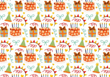 Güzel çizgi film, kusursuz doğum günü şablonu. Kutlama yaylı parti baskısı, hediye kutuları, parti şapkaları, konfeti, mumlu pastalar, beyaz arka planda kalpler. Tatiller için renkli ambalaj kağıdı dekoru. Parti kağıdı, süsleme, selamlama, paketleme.