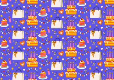 Sevimli düz, pürüzsüz doğum günü şablonu. Parti baskısı pembe paketli, hediyeler, konfeti, tabakta kekler, mumlu pastalar, mor arka planda kalpler. Tatil için kağıt dekoru hazırlıyorum. Parti kağıdı, süsleme, selamlama, paketleme.