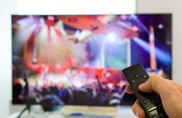 Caucasian Male Watching Television Resting Bed Switching Channels Virtual Gig — Stock Photo, Image