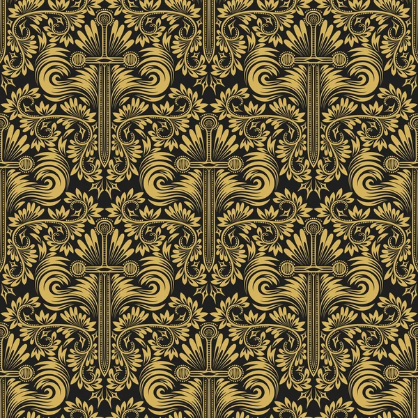 Patrón inconsútil floral negro dorado — Archivo Imágenes Vectoriales