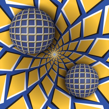 Two balls are moving on rotating blue background with yellow quadrangles clipart