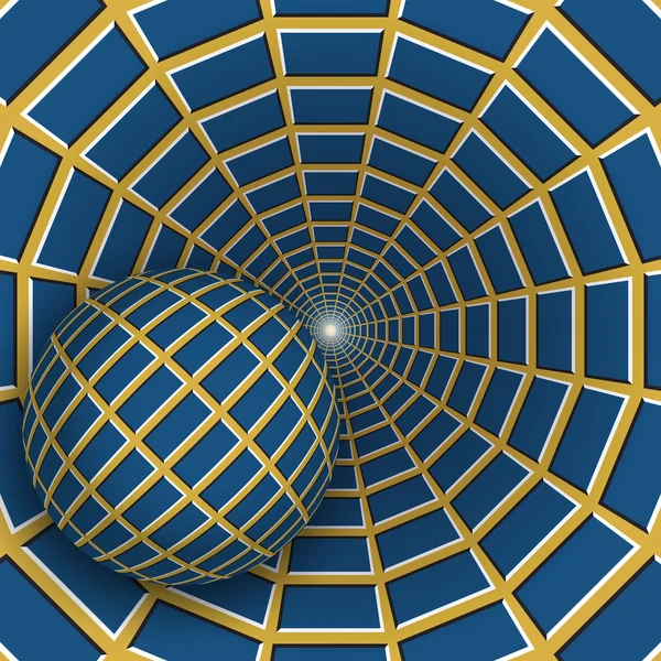 Uma bola está se movendo em um funil amarelo rotativo com quadrângulos azuis . — Vetor de Stock