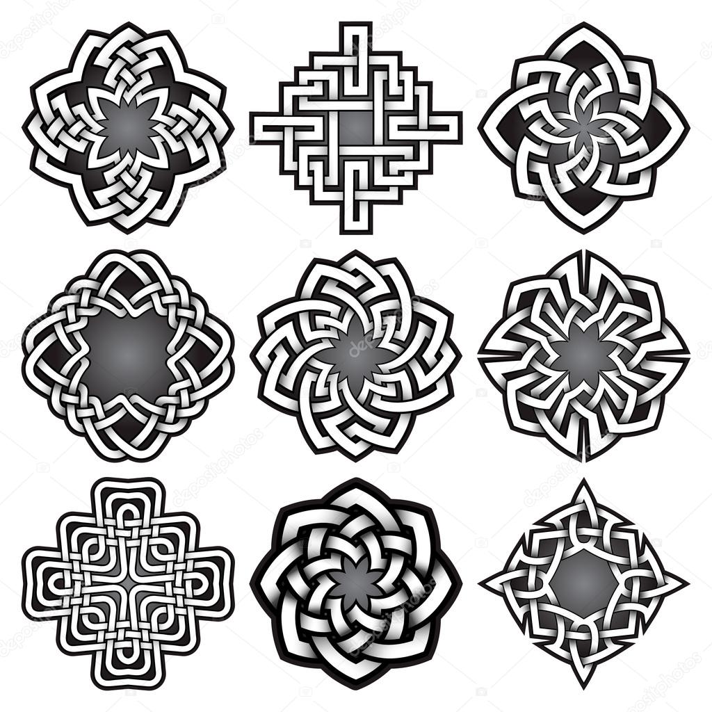 Set of logo templates in Celtic knots style. Tribal tattoo symbols package. Nine silver ornaments for jewelry design.