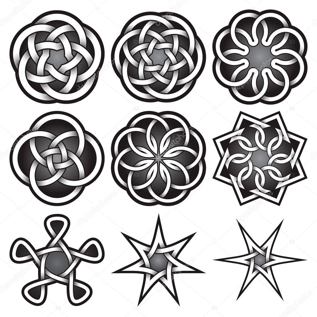 Set of logo templates in Celtic knots style. Tribal tattoo symbols package. Nine silver ornaments for jewelry design. Monochrome logos design.