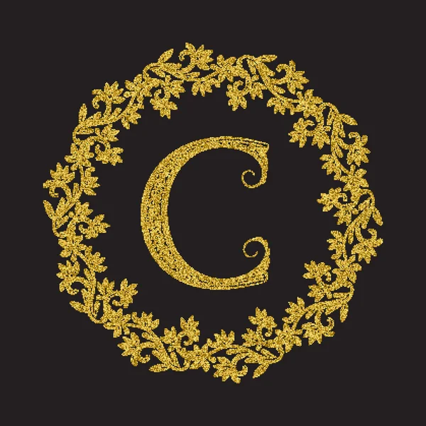 Letra dorada brillante C monograma en estilo vintage — Vector de stock