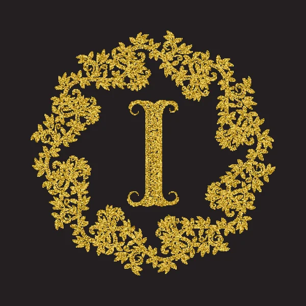 Golden glittering letter I monogram in vintage style — Stock Vector