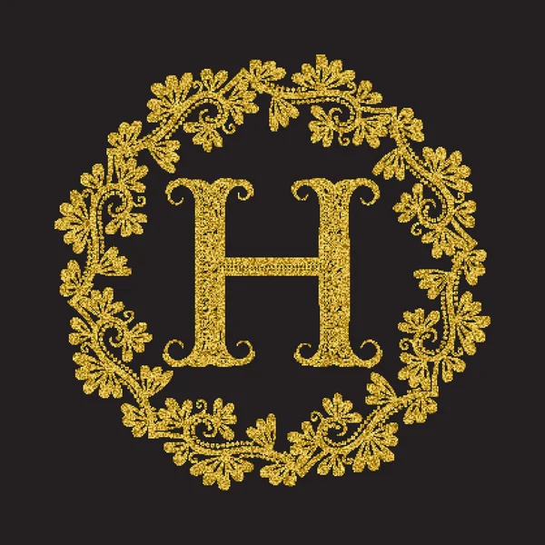 Gouden glittering letter H monogram in vintage stijl — Stockvector