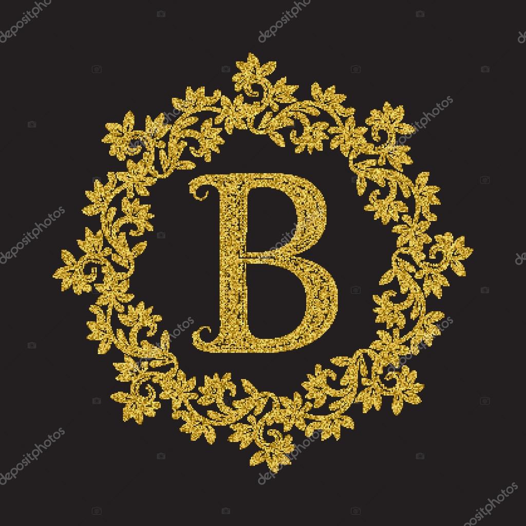 Golden glittering letter B monogram in vintage style. Heraldic wreath with gold halftone effect. Vintage logo template.