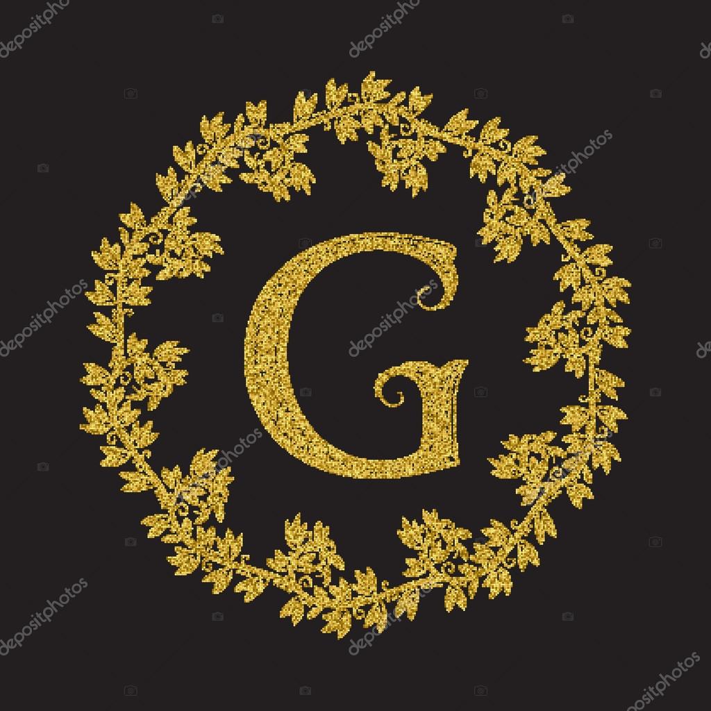 Golden glittering letter G monogram in vintage style. Heraldic wreath with gold halftone effect. Vintage logo template.