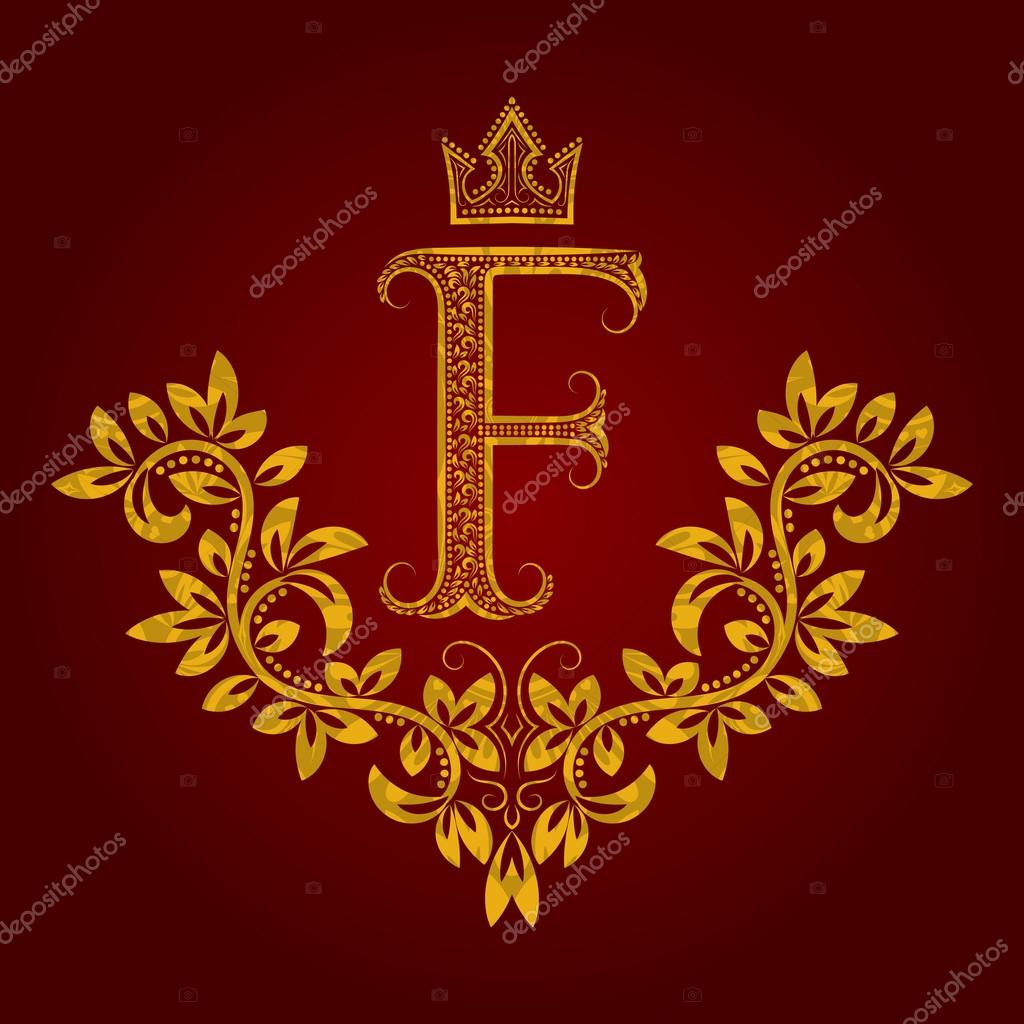 Patterned golden letter F monogram in vintage style. Heraldic coat of arms. Baroque logo template.