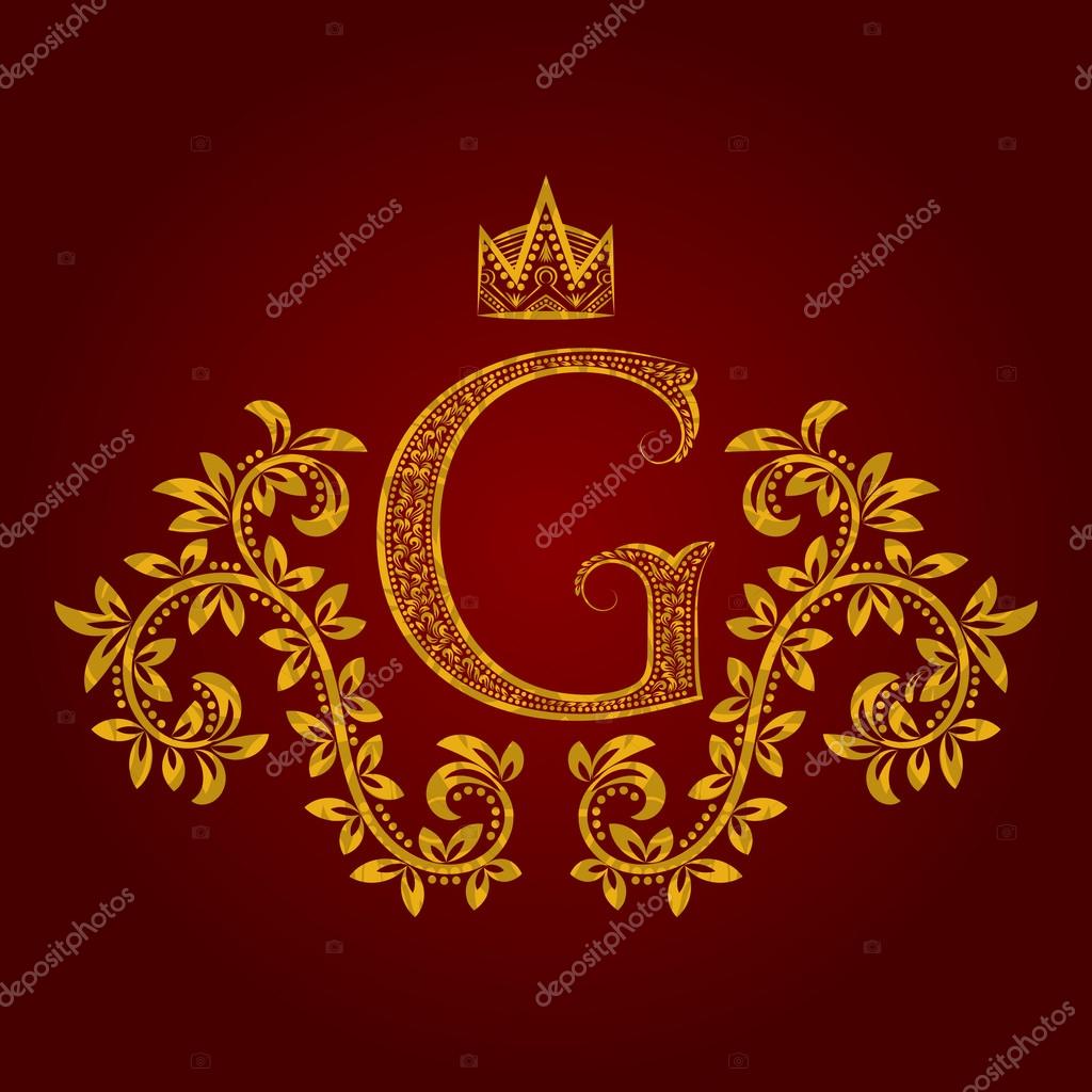 Patterned golden letter G monogram in vintage style. Heraldic coat of arms. Baroque logo template.