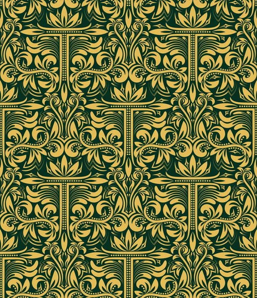 Gouden groene naadloze bloemmotief met de letter T in barokke stijl — Stockvector