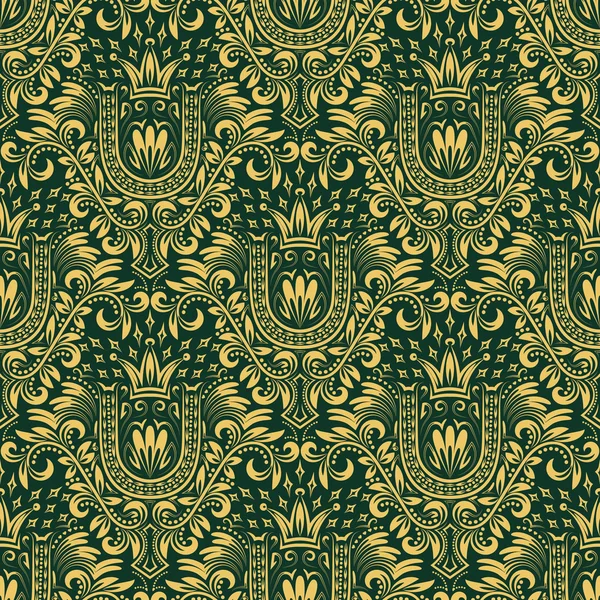 Or motif floral sans couture vert avec lettre U et couronne dans un style baroque — Image vectorielle