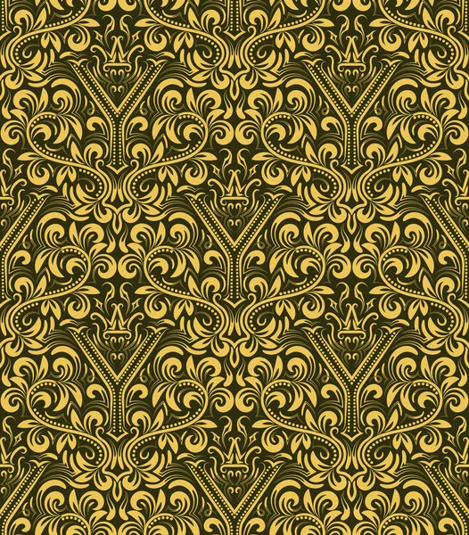 Padrão sem costura floral de azeitona de ouro com letra Y e coroa em estilo barroco —  Vetores de Stock