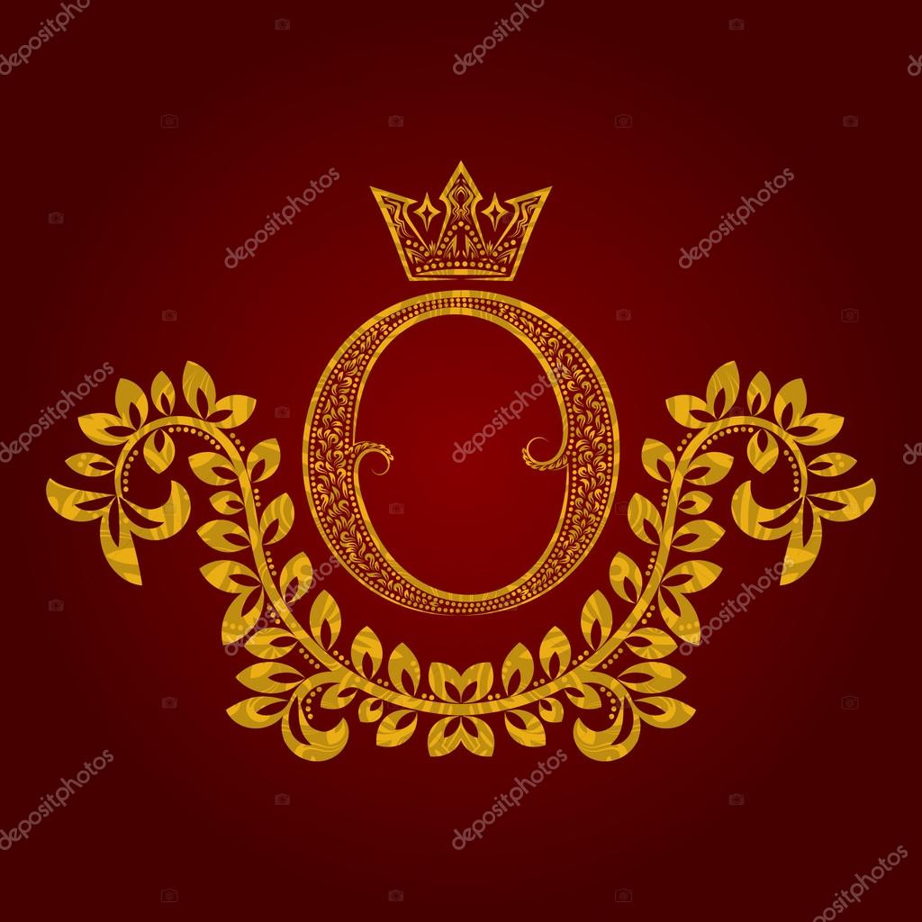 Patterned golden letter O monogram in vintage style. Heraldic coat of arms. Baroque logo template.