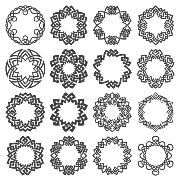 Šestnáct šestihranný dekorativní prvky s pruhy, pletení — Stockový vektor