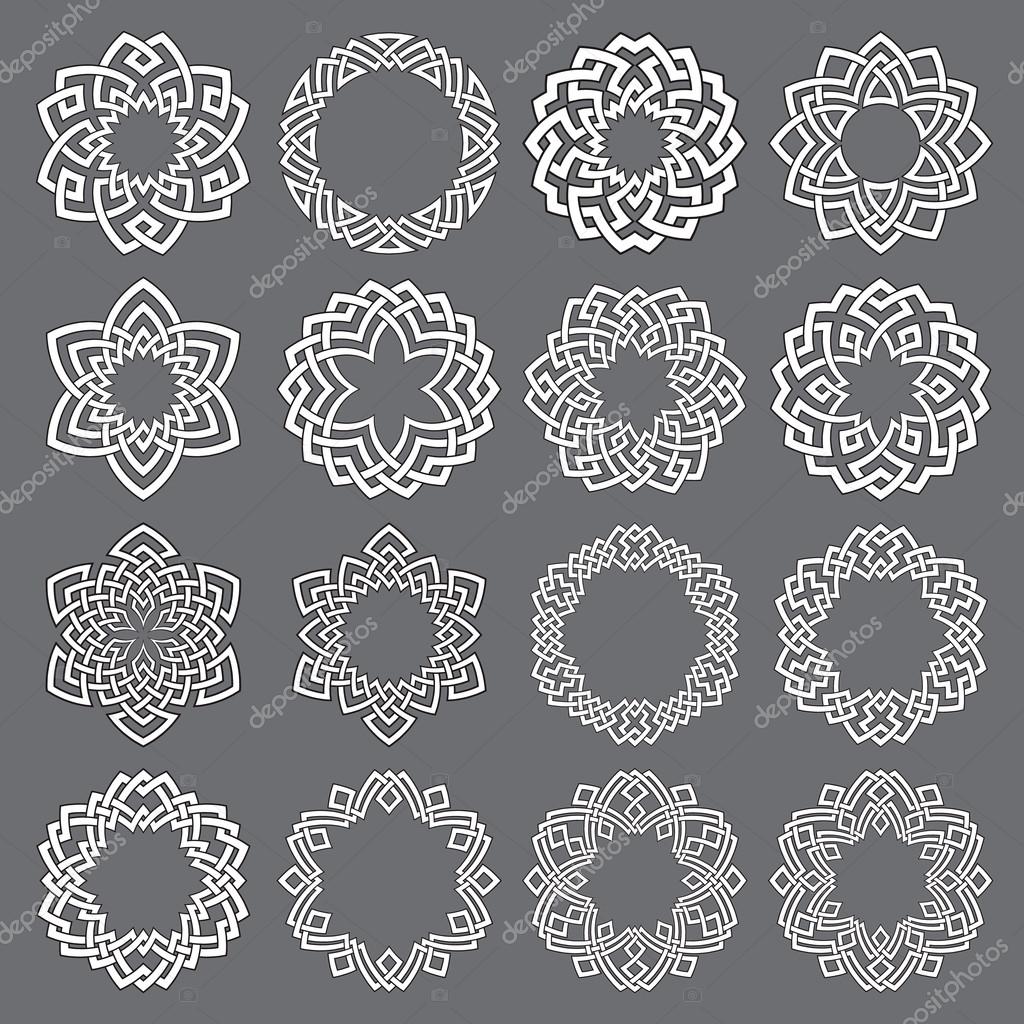 Set of round frames. Sixteen hexagonal decorative elements with stripes braiding for your logo or monogram design. Mandalas collection of white lines with black strokes on gray background.
