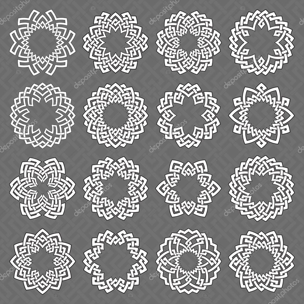 Set of round frames. Sixteen hexagonal decorative elements with stripes braiding for your logo or monogram design. Mandalas collection of white lines with black strokes on gray background.