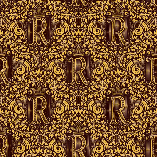 Seamless pattern with R letter and crown in baroque style. — Stock Vector
