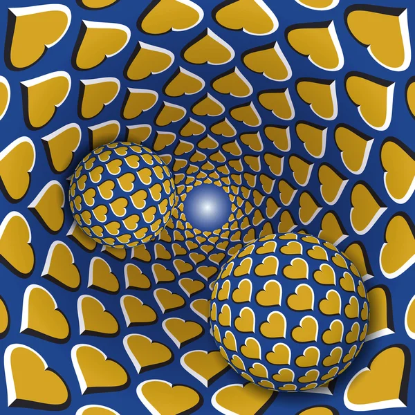 Deux boules avec un motif de coeur se déplacent sur des cœurs dorés rotatifs entonnoir bleu — Image vectorielle