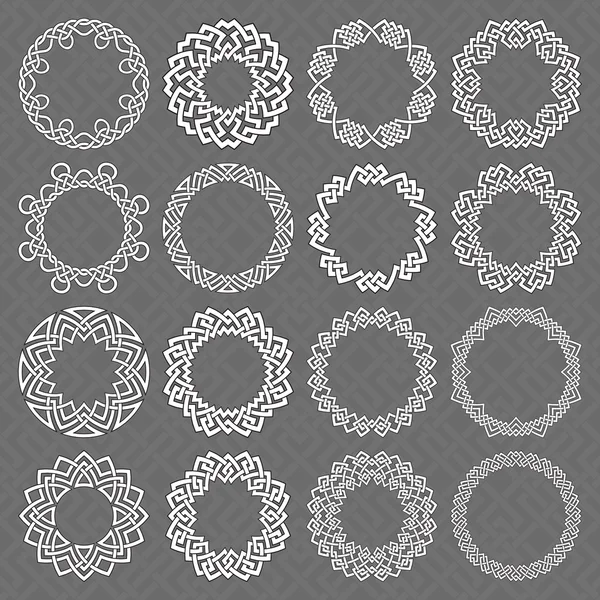 Sixteen circle octagonal decorative elements with stripes braiding — Stock Vector