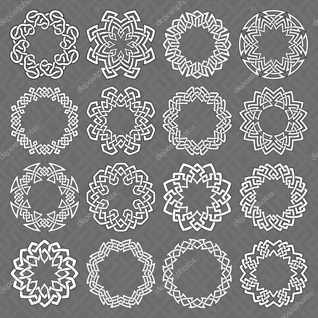 Set of round frames. Sixteen circle octagonal decorative elements with stripes braiding for logo or monogram design. Mandalas collection of white lines with black strokes on gray background.