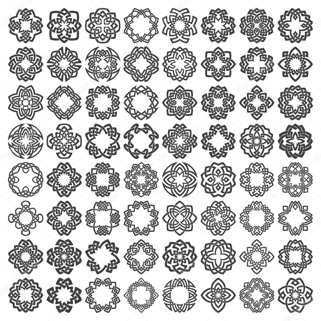 Mega set of round frames. Sixty four patterned circles. Quadrangular decorative elements for logo or monogram design. Creative mandalas collection.