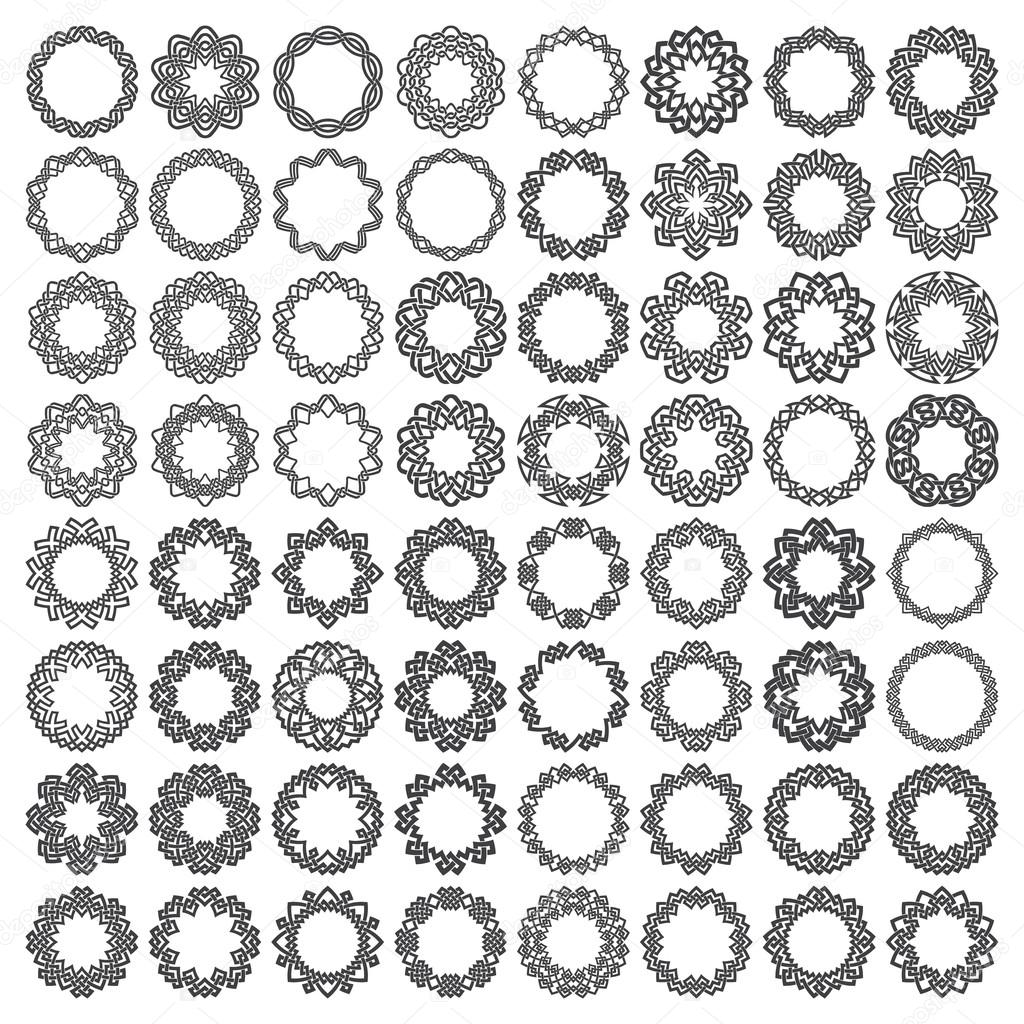 Mega set of round frames. Sixty four patterned circles. Octagonal decorative elements for logo or monogram design. Creative mandalas collection.