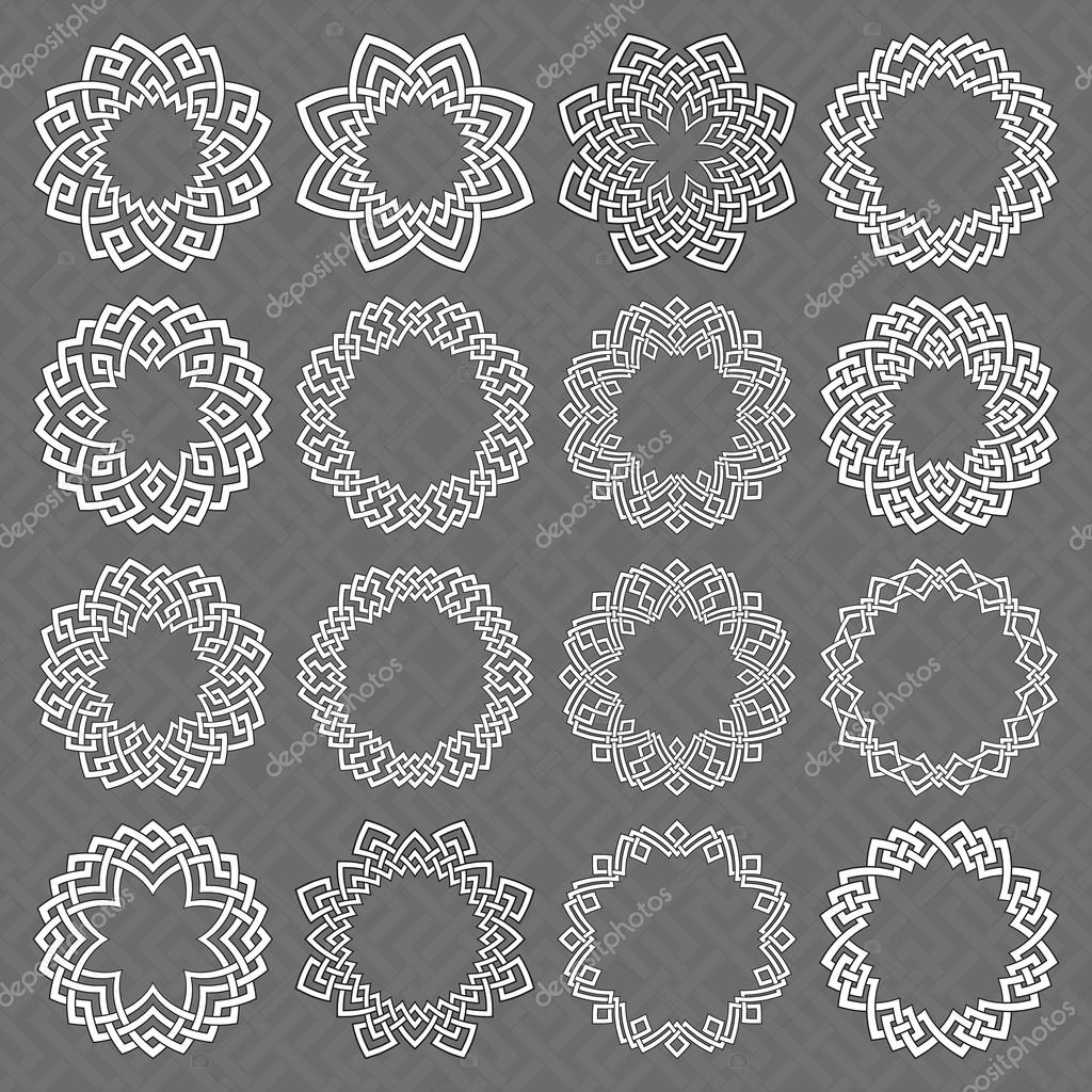 Set of round frames. Sixteen circle octagonal decorative elements with stripes braiding for logo or monogram design. Mandalas collection of white lines with black strokes on gray background.