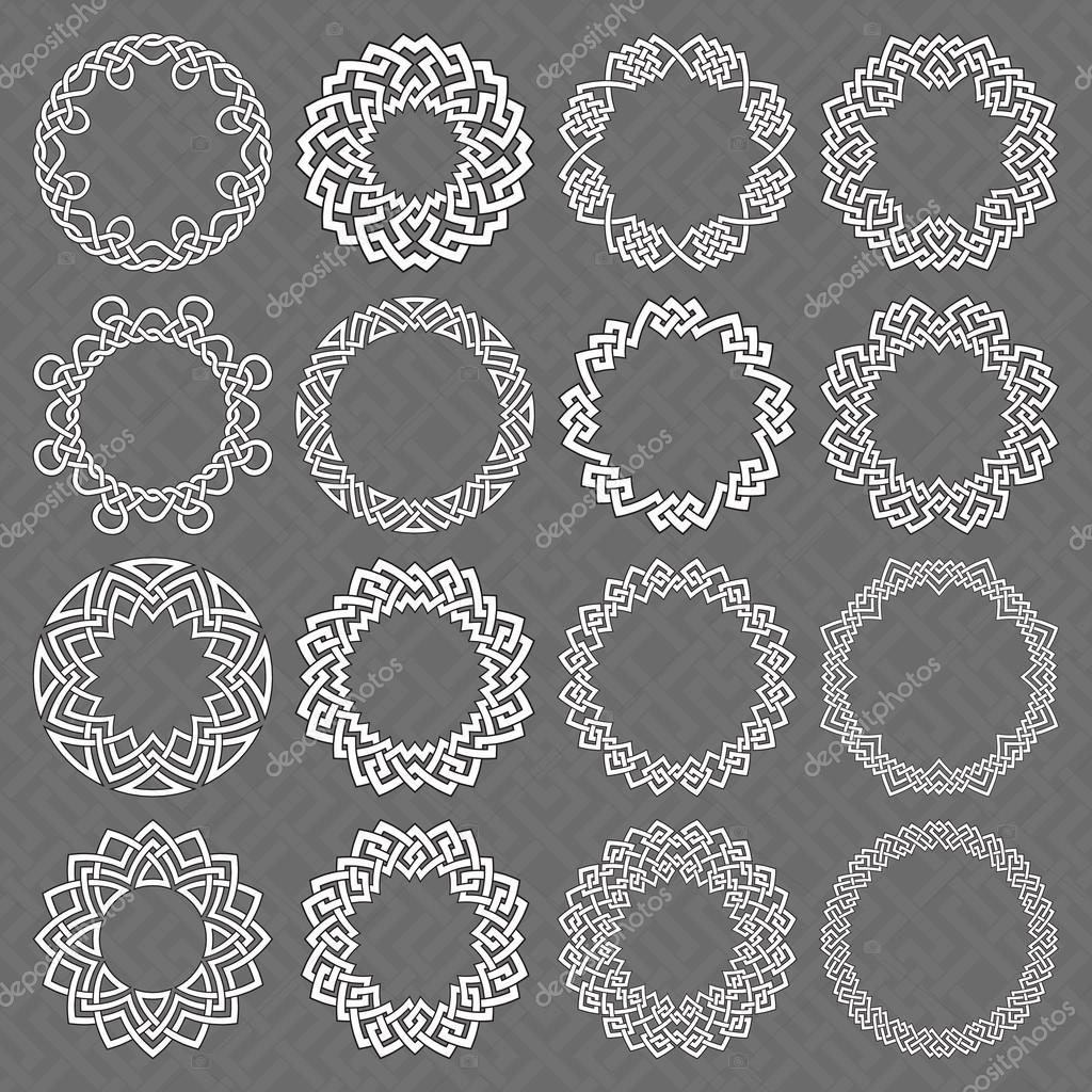 Set of round frames. Sixteen circle octagonal decorative elements with stripes braiding for logo or monogram design. Mandalas collection of white lines with black strokes on gray background.
