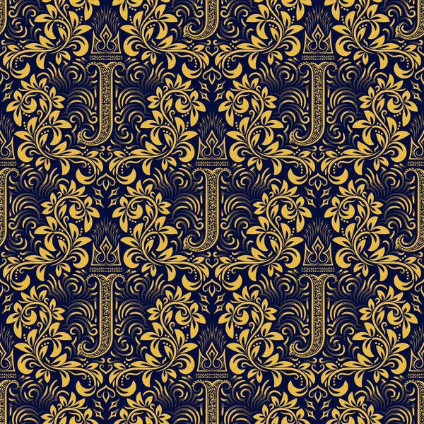 Modèle sans couture bleu doré avec lettre J et couronne — Image vectorielle