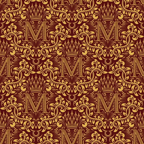 Modèle sans couture marron doré avec lettre M et couronne — Image vectorielle