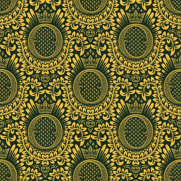 Goldgrünes nahtloses Muster mit o-Buchstabe und Krone — Stockvektor