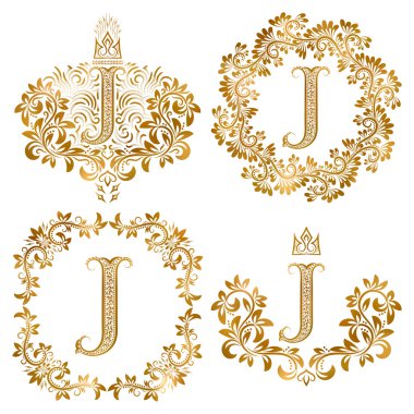 Altın harf J vintage Monogram ayarlayın. Arma ve yuvarlak kare hanedan monogram.