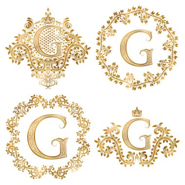 Altın harf G vintage Monogram ayarlayın. Arma ve yuvarlak kare hanedan monogram.
