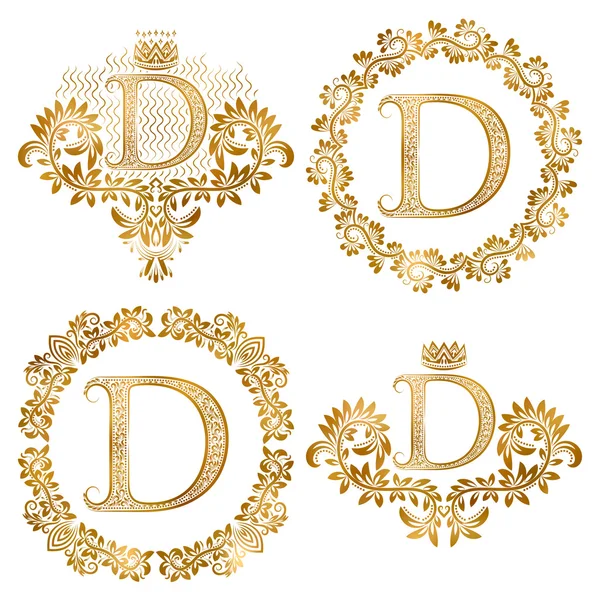 Goldener Buchstabe d Vintage Monogramme Set. Heraldisches Monogramm in Wappen und Rundrahmen. — Stockvektor