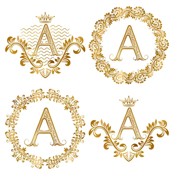 Golden letter A vintage monograms set. Heraldic monogram in coats of arms and round frames. — Stock Vector