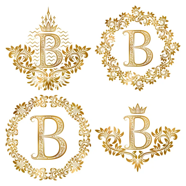 Golden letter B vintage monograms set. Heraldic monogram in coats of arms and round frames. — Stock Vector