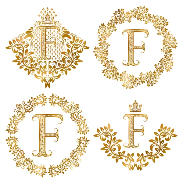 Golden letter F vintage monograms set. Heraldic monogram in coats of arms and round frames. — Stock Vector