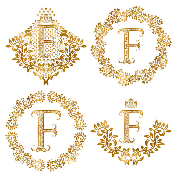 Набор винтажных монограмм "F" золотой буквы. Геральдическая монограмма в гербах и круглых рамах
.