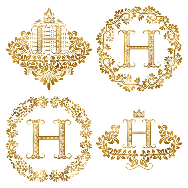 Gyllene bokstaven H vintage monogram in. Heraldiskt monogram i vapensköldar och runda ramar. — Stock vektor