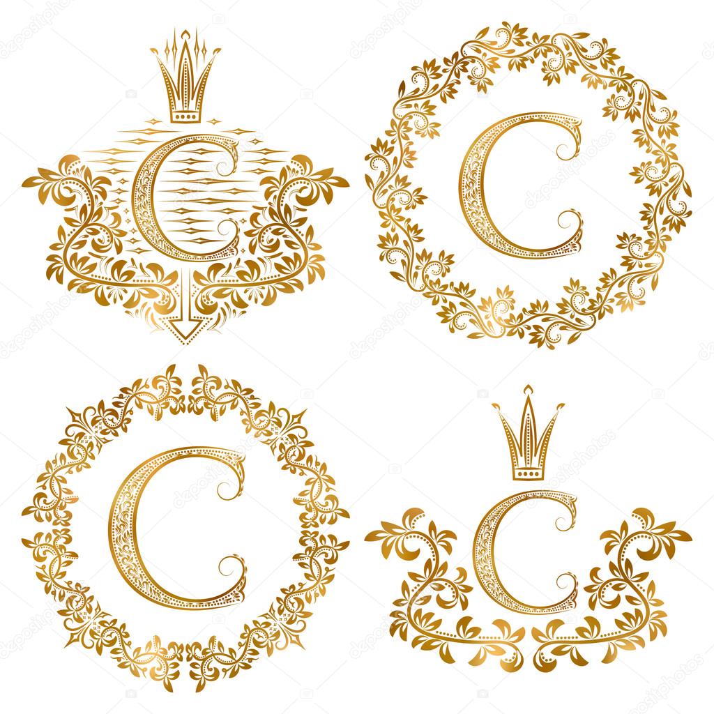 Golden letter C vintage monograms set. Heraldic monogram in coats of arms form, letter C in floral round frame, letter C in wreath, heraldic monogram in floral decoration with crown.