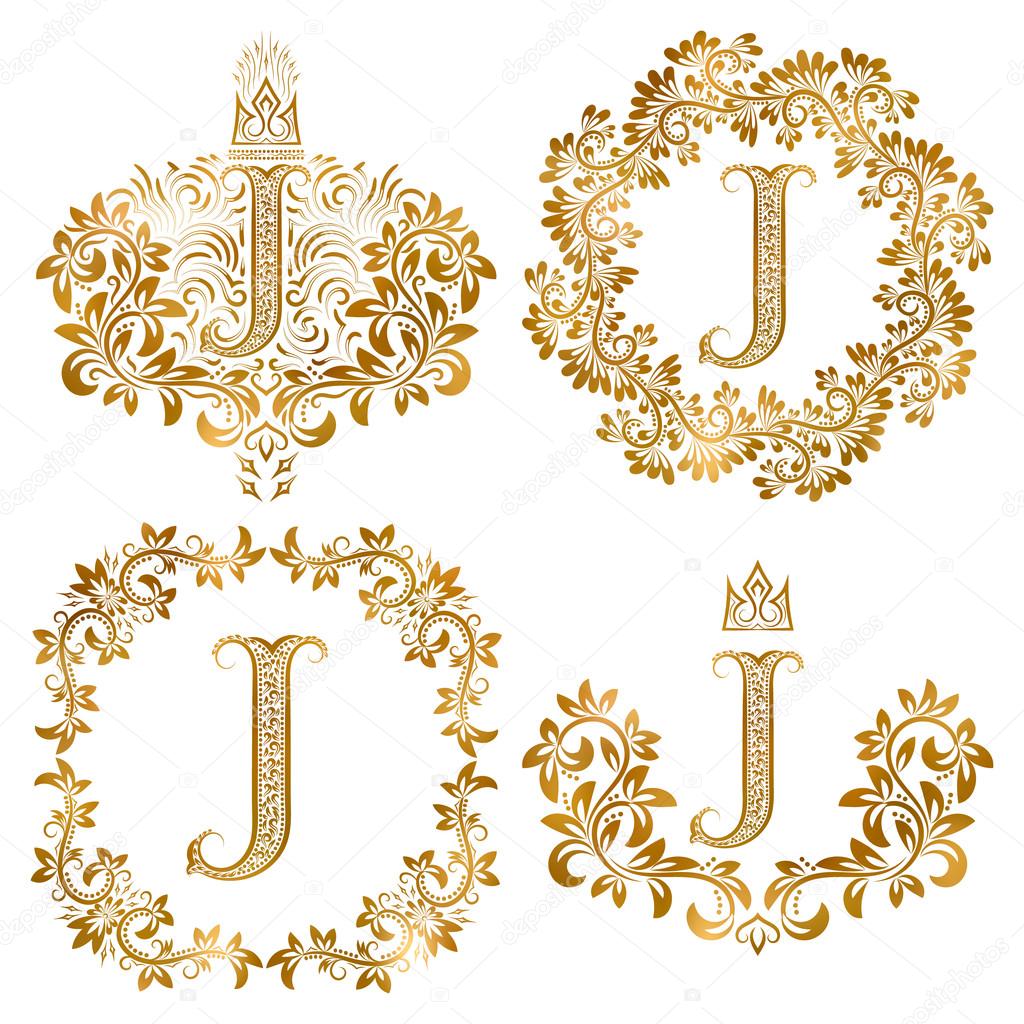 Golden letter J vintage monograms set. Heraldic monogram in coats of arms form, letter J in floral round frame, letter J in wreath, heraldic monogram in floral decoration with crown.