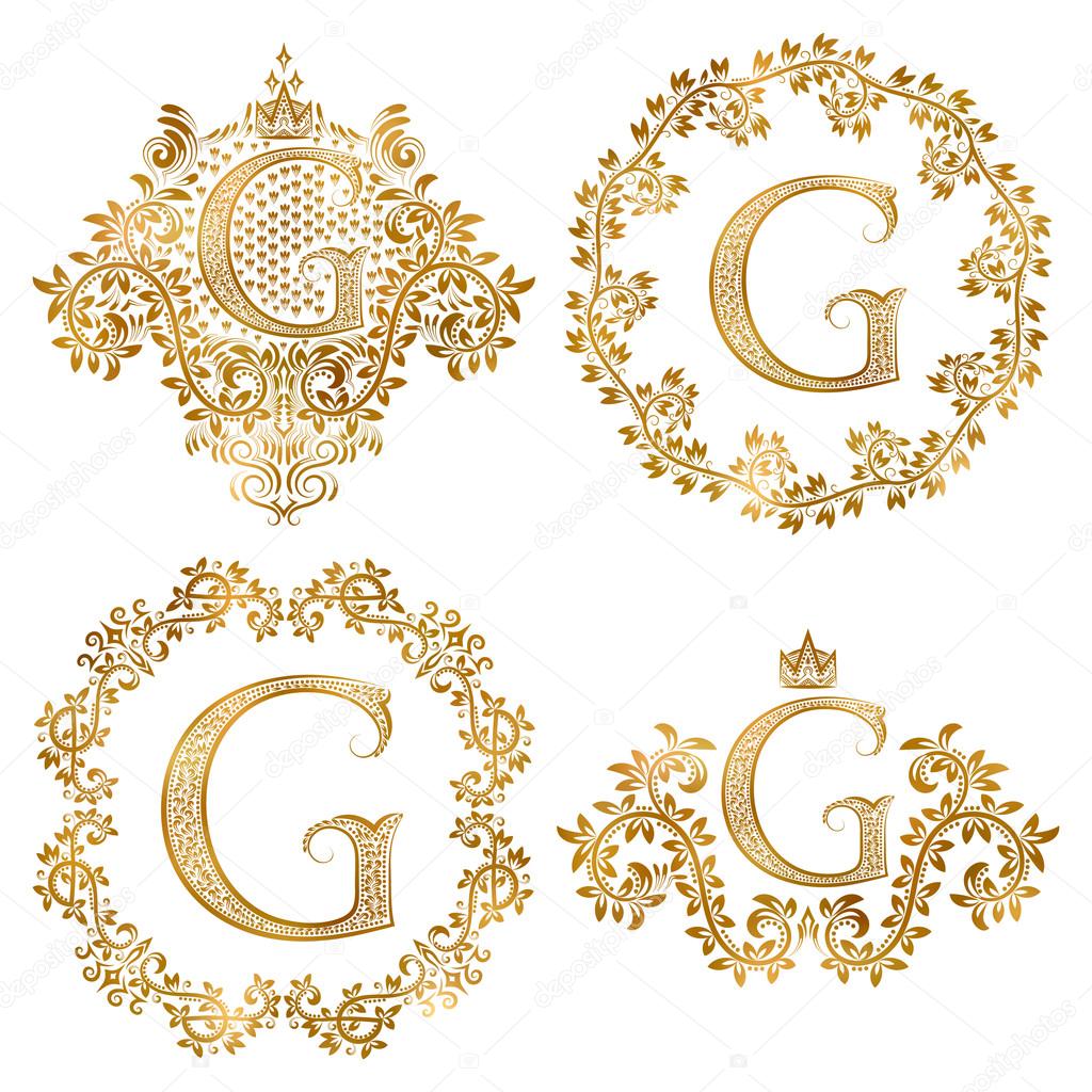 Golden letter G vintage monograms set. Heraldic monogram in coats of arms form, letter G in floral round frame, letter G in wreath, heraldic monogram in floral decoration with crown.