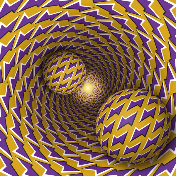 Twee ballen met bliksemschichten patroon bewegen op roterende paarse bliksemschichten gele trechter — Stockvector