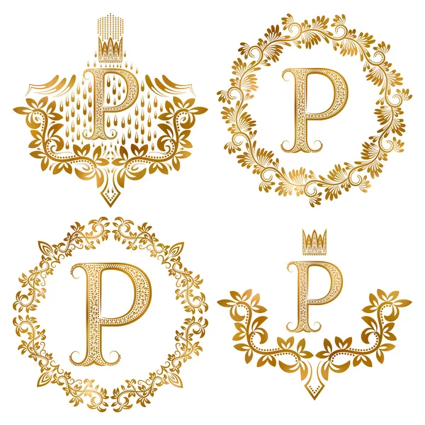 Золота літера P набір старовинних монограм . — стоковий вектор