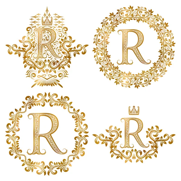 Золота літера R набір старовинних монограм — стоковий вектор