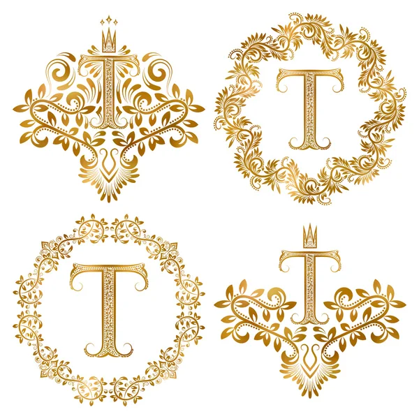 Oro T carta vintage monogramas conjunto . — Archivo Imágenes Vectoriales