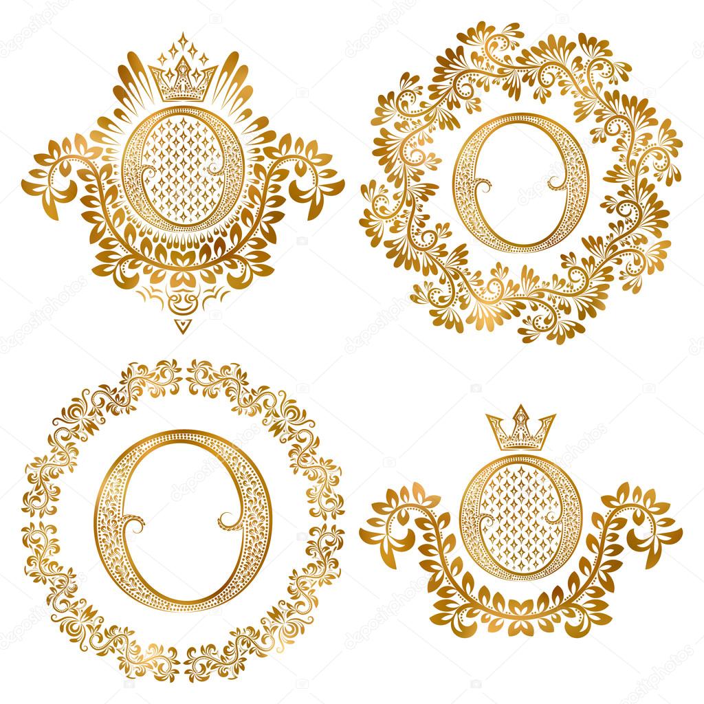 Golden letter O vintage monograms set. Heraldic monogram in coats of arms form, letter O in floral round frame, letter O in wreath, heraldic monogram in floral decoration with crown.